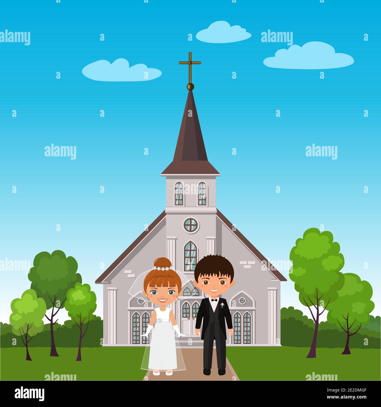 Pareja de bodas en el fondo de la iglesia. Dibujos animados de estilo plano. Ilustración vectorial Imagen Vector de stock - Alamy Pareja de bodas en el fondo de la iglesia. Dibujos animados de estilo plano. Ilustración vectorial Imagen Vector de stock - Alamy