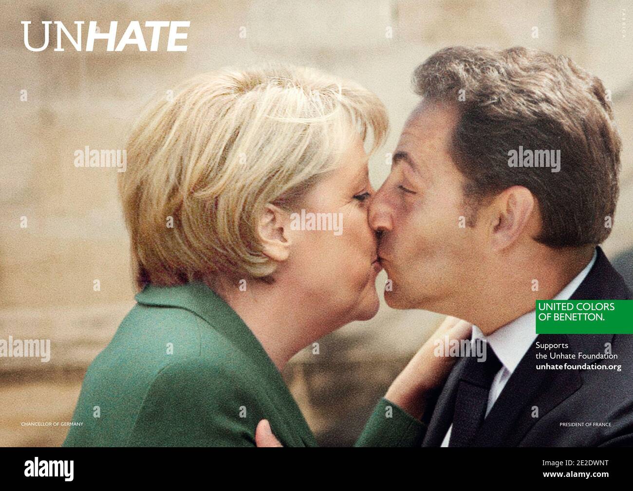 Imágenes de United Colors de la campaña Unhate de Benetton. La campaña  "invita a los líderes del mundo a combatir la "cultura del odio". El  campiang incluye imágenes rellenas, una de las