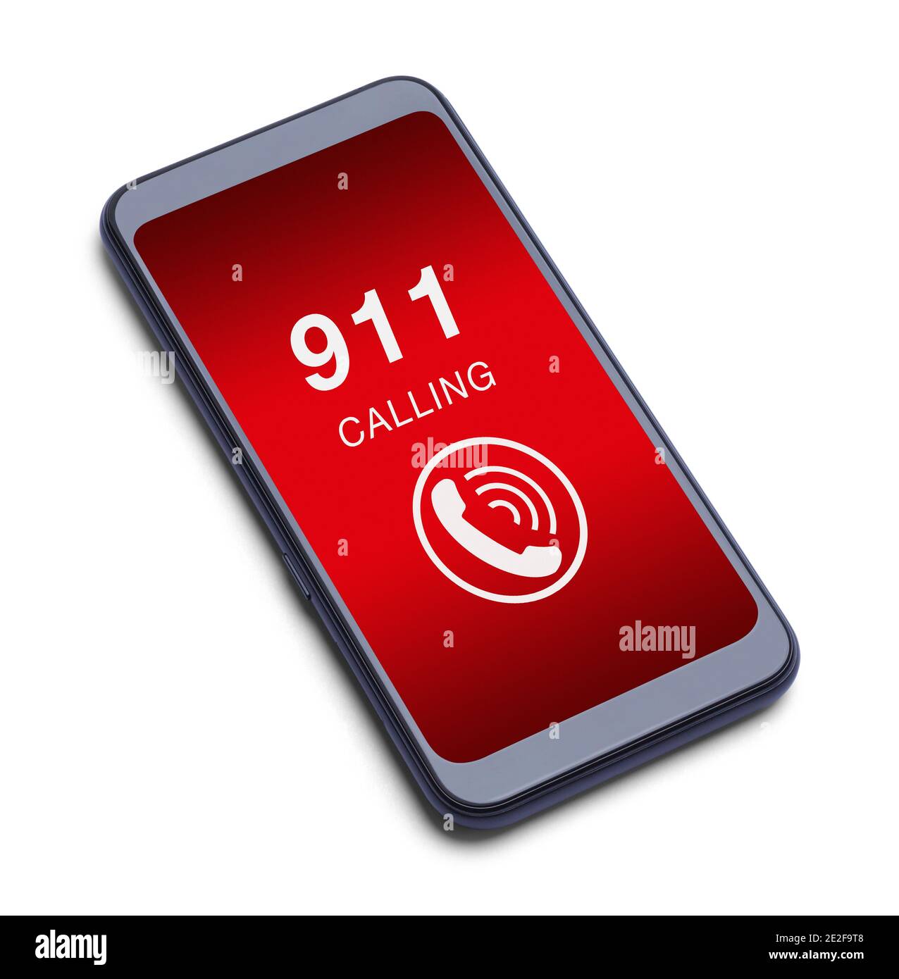 Llamadas de teléfono inteligente 911 con el icono de timbre cortado en blanco. Foto de stock