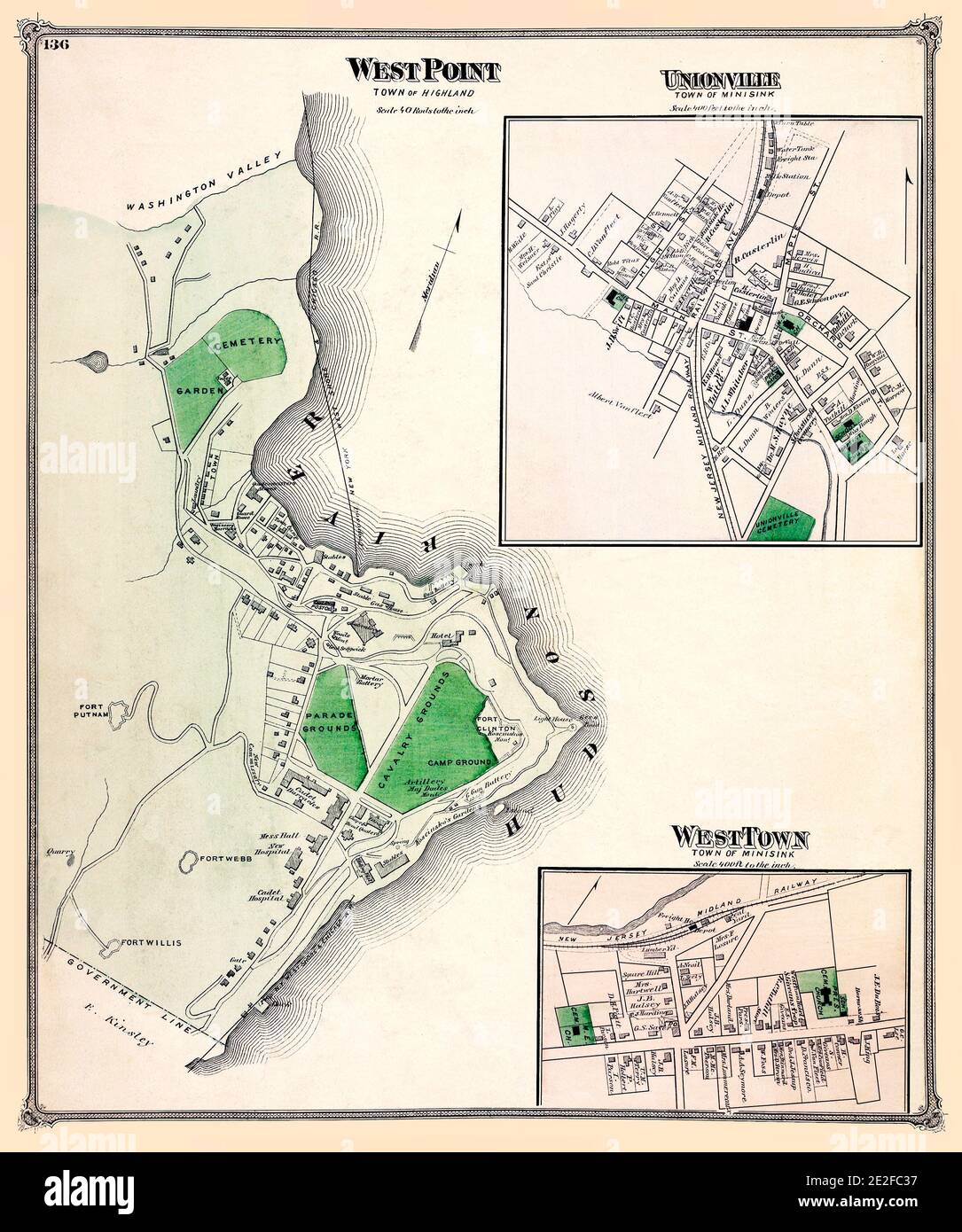 Mapa de West Point y áreas locales en la ciudad de Minisink del 'Atlas of Orange County, NY.' Título original: 'West Point [Village]; Unionville [Village]; West Town [Village]' Publicado 1875. Muestra los nombres de los propietarios, ferrocarriles y otros detalles. Foto de stock