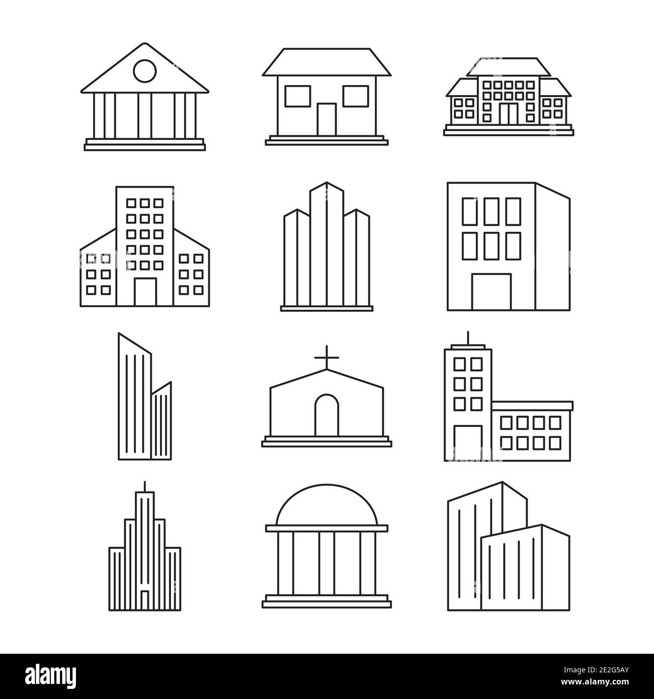 conjunto de iconos de edificios de la ciudad sobre fondo blanco, estilo de línea, ilustración vectorial Ilustración del Vector