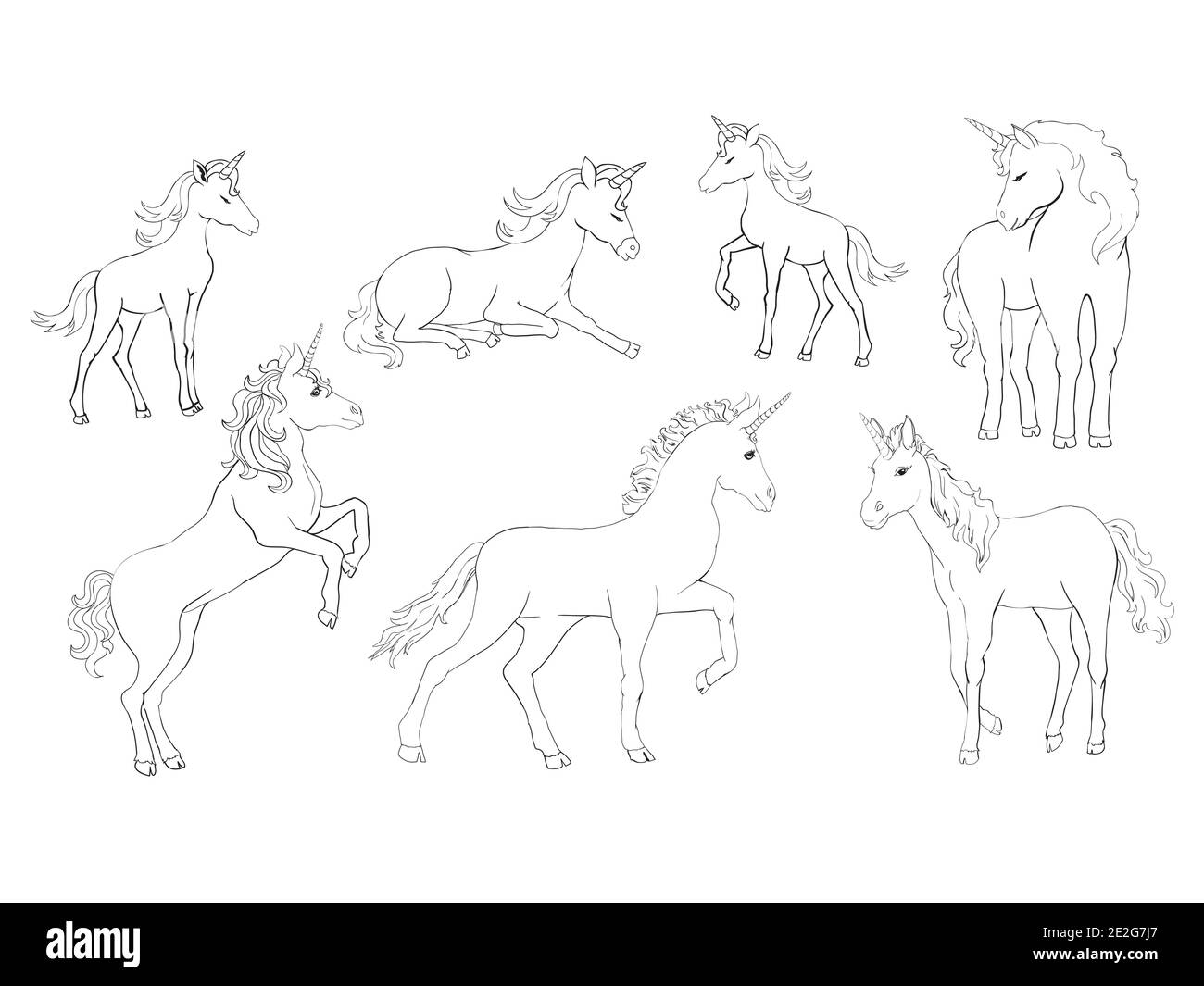 Lindos unicornios mágicos vectoriales, estrellas, cometas, diamantes. Juego monocromo dibujado a mano. Ilustración del Vector