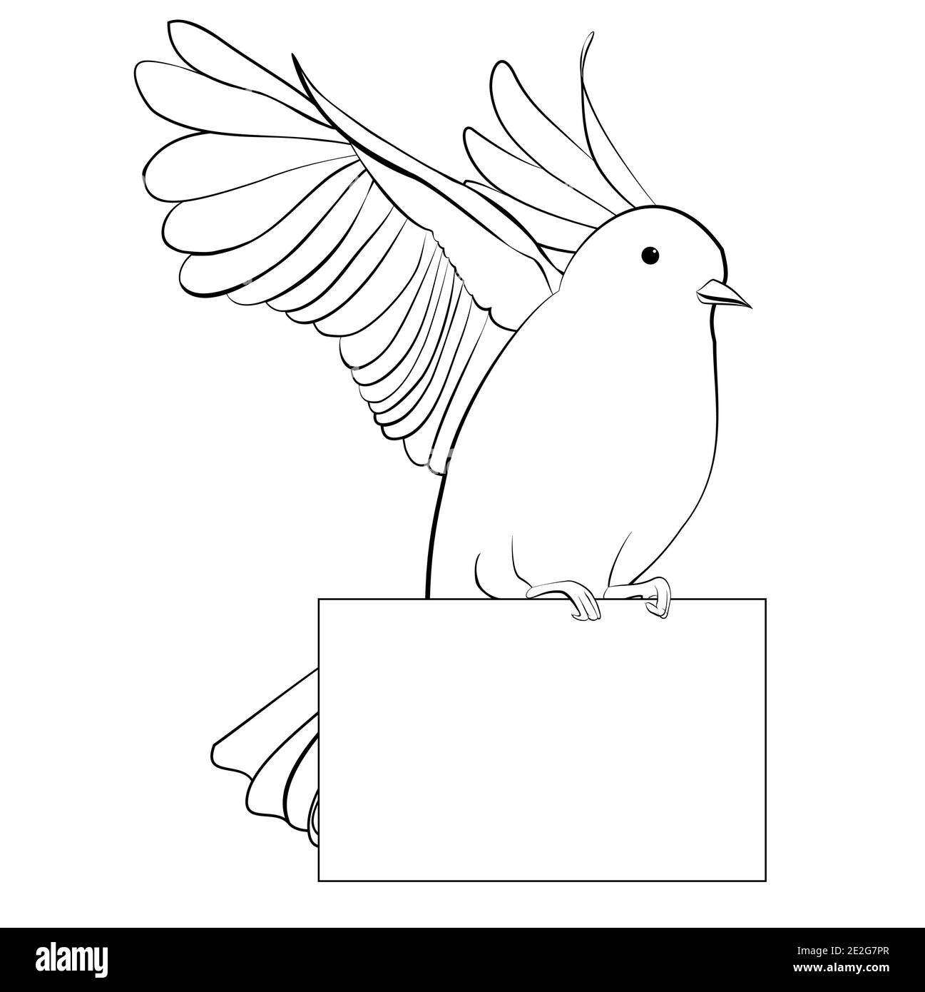 Paloma de arte lineal con hoja de papel vectorial ilustración monocroma, signo blanco y negro aislado sobre fondo blanco. Pájaro volador. Ilustración del Vector