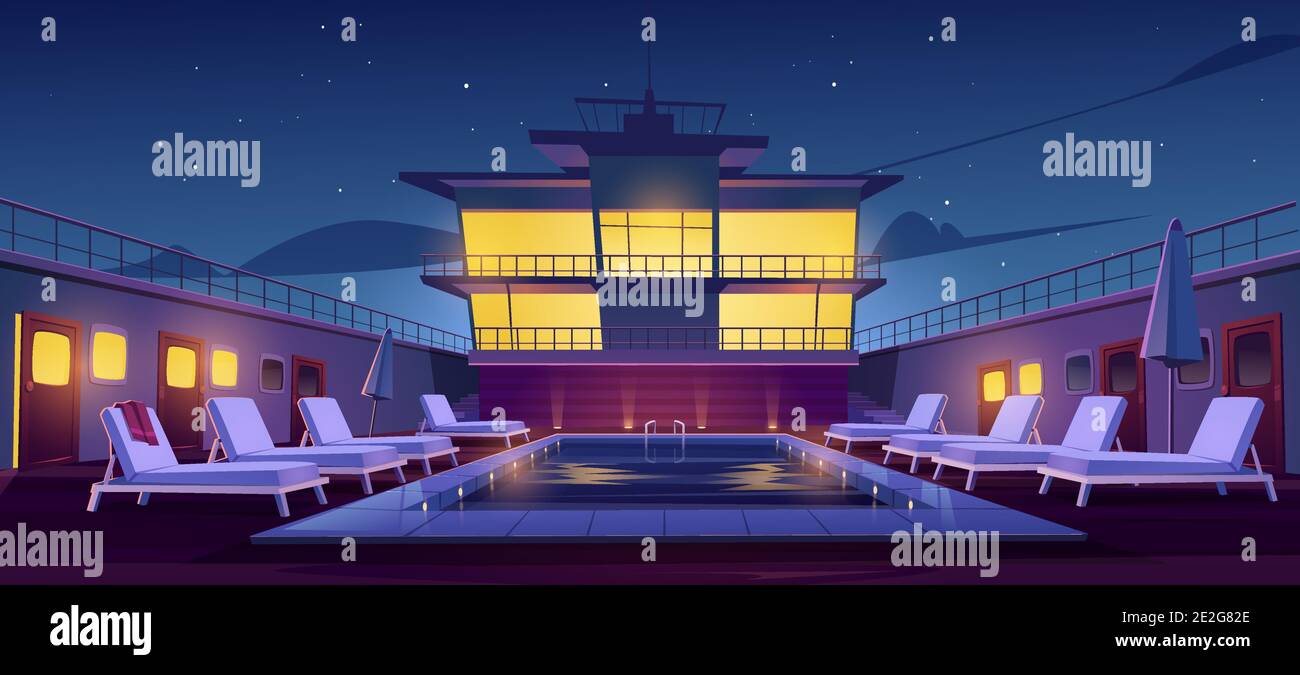 Piscina en el crucero por la noche, cubierta vacía del barco con tumbonas, sombrillas e iluminación. velero de lujo en el mar o el océano. Embarcación de pasajeros bajo cielo estrellado, Cartoon vector ilustración Ilustración del Vector