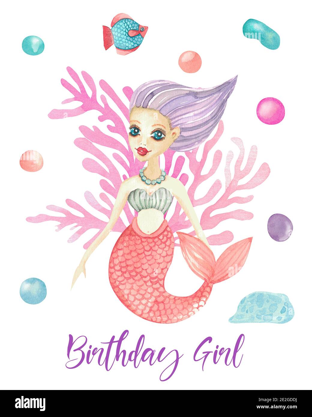 Feliz cumpleaños. linda sirenita y plantilla de tarjeta de cumpleaños de  vida marina.