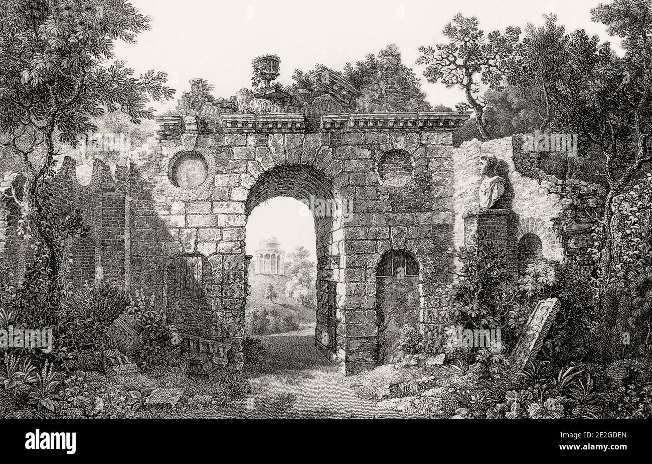 El "Arco en ruinas" construido en 1759-60 como una ruina romana simulada en Kew Gardens, dibujado por Sir William Chambers (1723-1796), un arquitecto escocés-sueco, con sede en Londres. Sus obras más conocidas son Somerset House y Kew Gardens, Londres, Inglaterra. Algunos de sus edificios del Jardín de Kew están perdidos, los que quedan son la Pagoda de diez pisos, el invernadero, el Arco en ruinas, el Templo de Bellona y el Templo de Eolo. Foto de stock