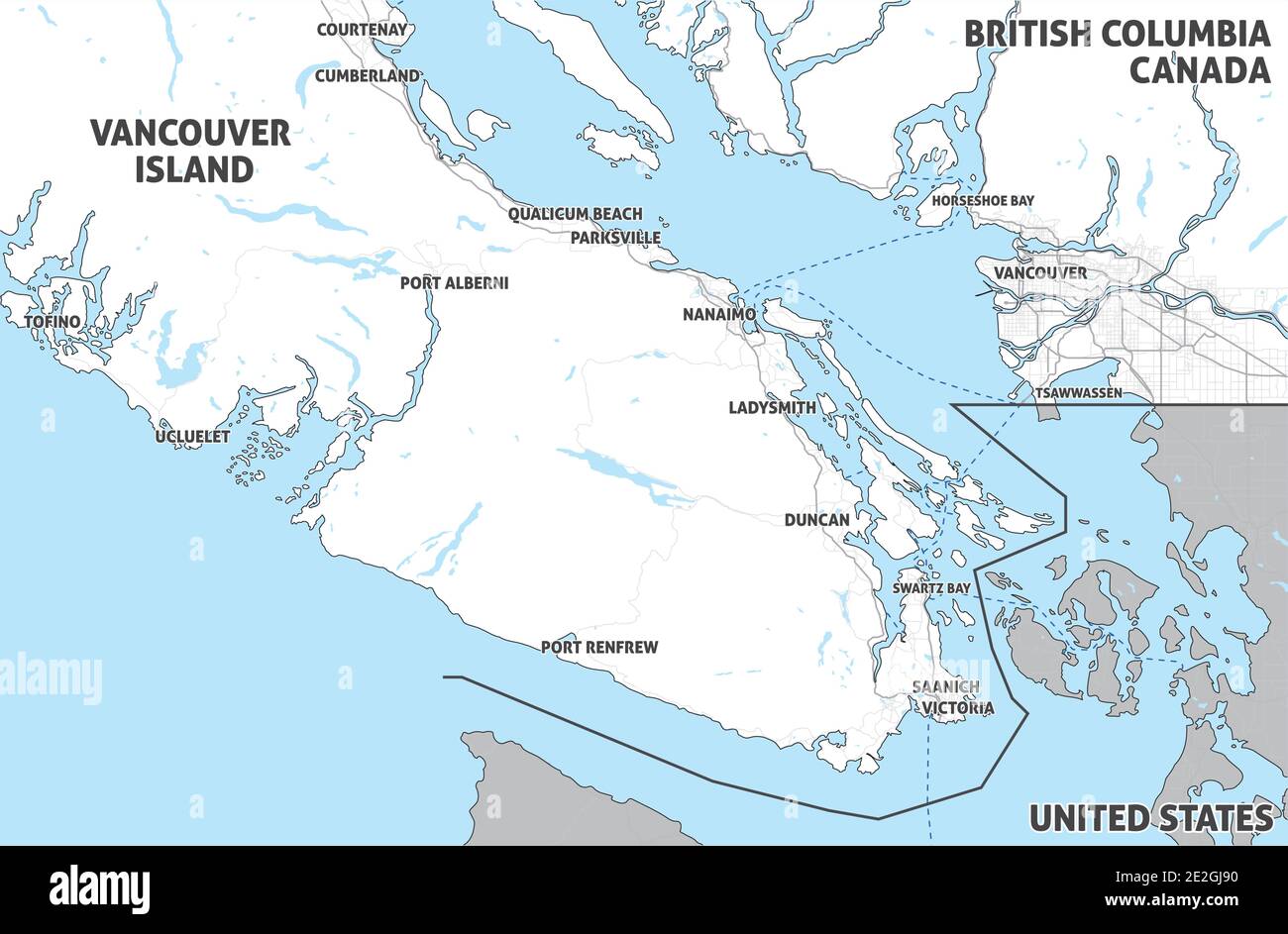 Mapa de la Isla de Vancouver (Nanaimo, Victoria, Tofino) y Gran Vancouver. Canadá, Columbia Británica. Mapa turístico. Mapa simple con poco texto. Ilustración del Vector