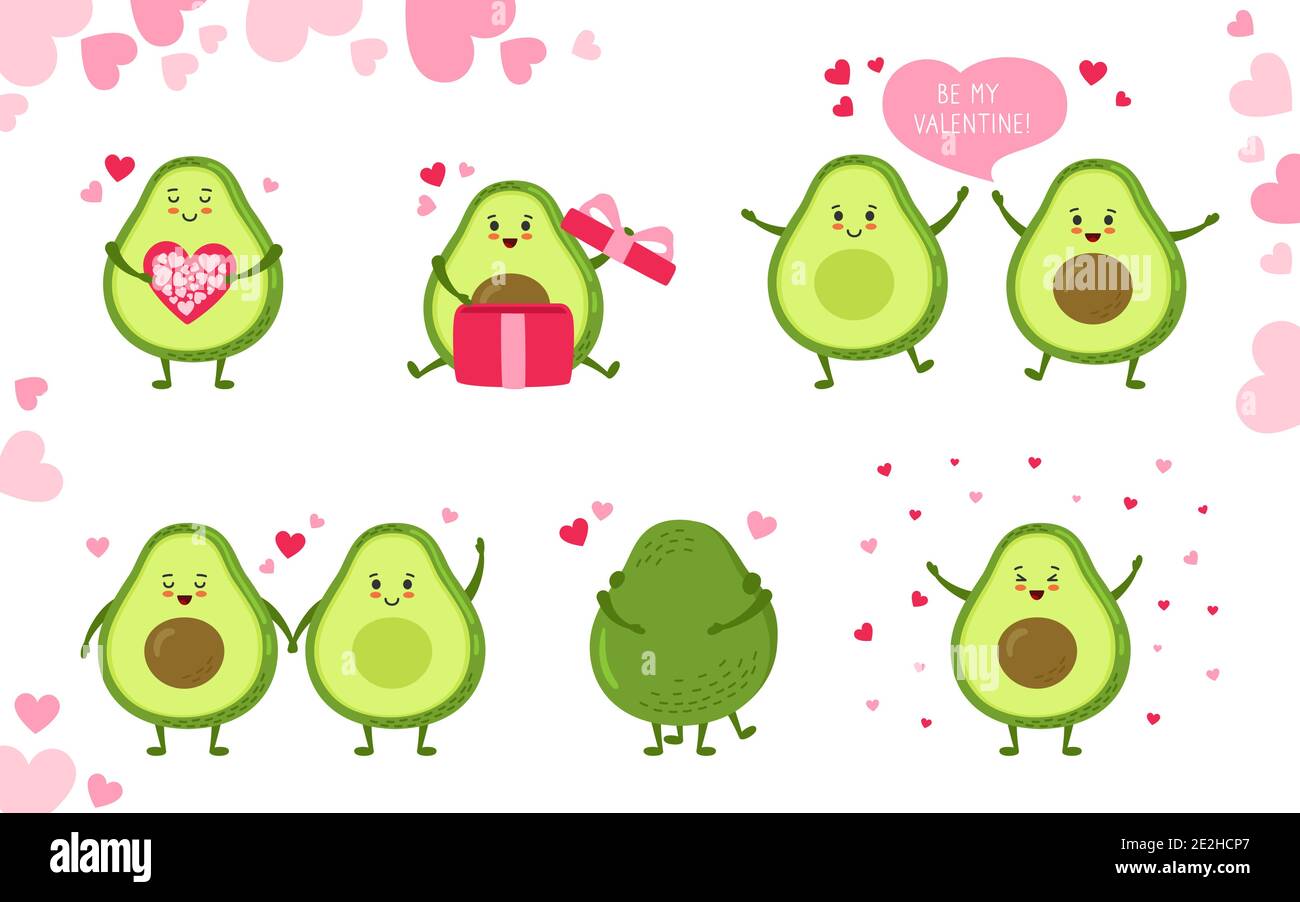 Juego de personajes de dibujos animados de aguacate para la tarjeta de  felicitación día de San Valentín. Mano dibujado gracioso cute verde kawaii  aguacates con corazones globo, regalo y diálogo discurso burbuja.