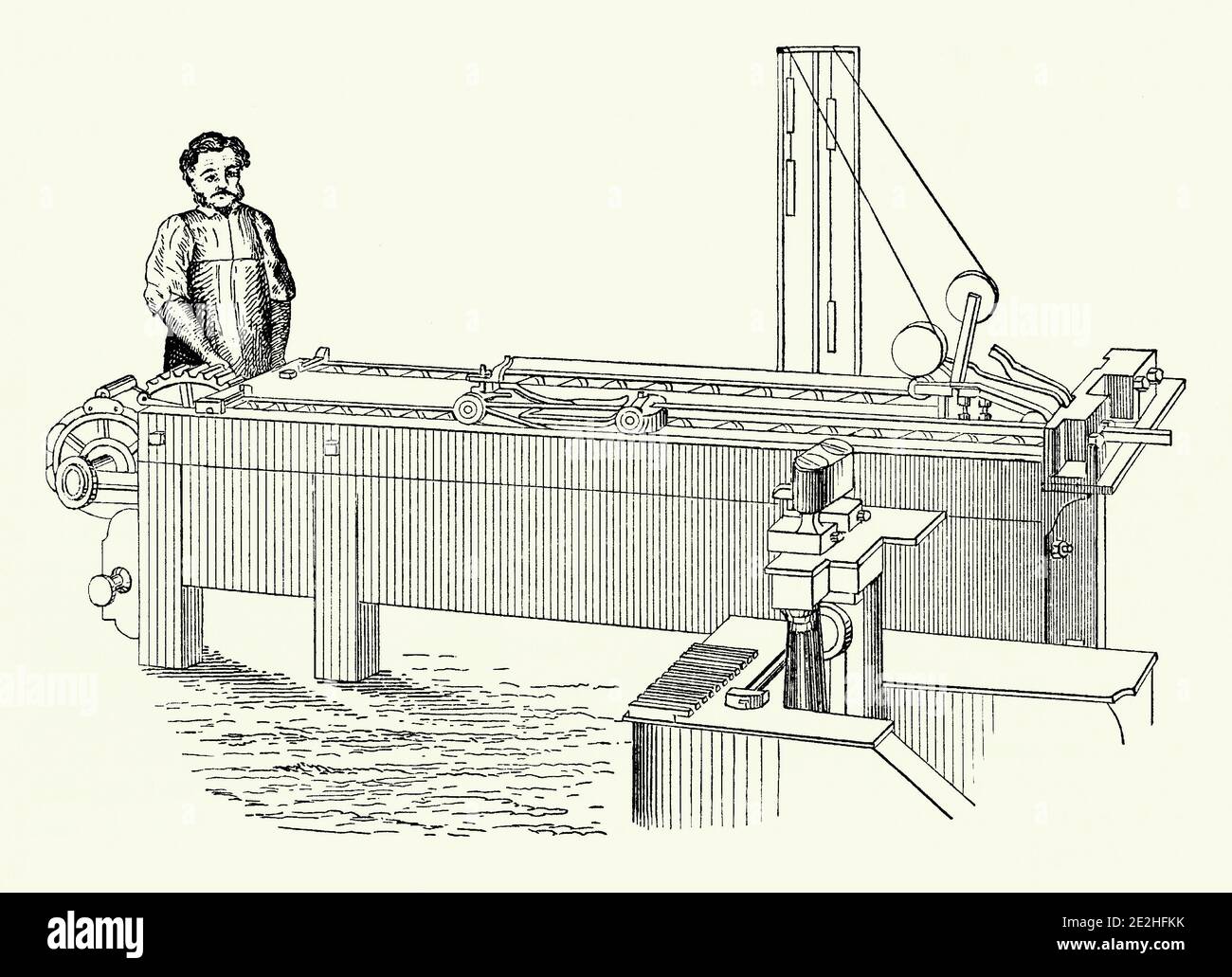 Un viejo grabado de un hombre en un banco de dibujo en el 1800s. Es de un libro de ingeniería mecánica victoriano del 1880s. La máquina se utiliza para dibujar tiras de metal a un espesor exacto tirando de ella a través de una abertura de restricción – de una manera similar que el alambre se dibuja al espesor correcto. Fue inventado por Sir John Barton (1771–1834), un ingeniero inglés. Barton sirvió como contralor adjunto de la Royal Mint a principios del siglo XIX. También creó un micrómetro, que llamó el ‘Atómetro’, utilizado para medir pequeñas distancias. Foto de stock