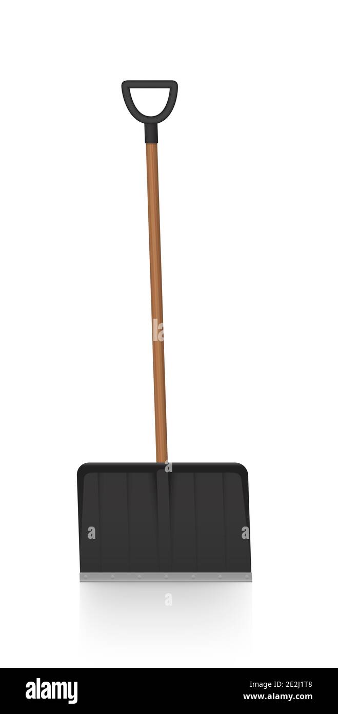 Coño de nieve negro, pala de nieve de plástico, símbolo para la limpieza de carreteras de invierno, una sola herramienta con palo de madera - ilustración sobre fondo blanco. Foto de stock