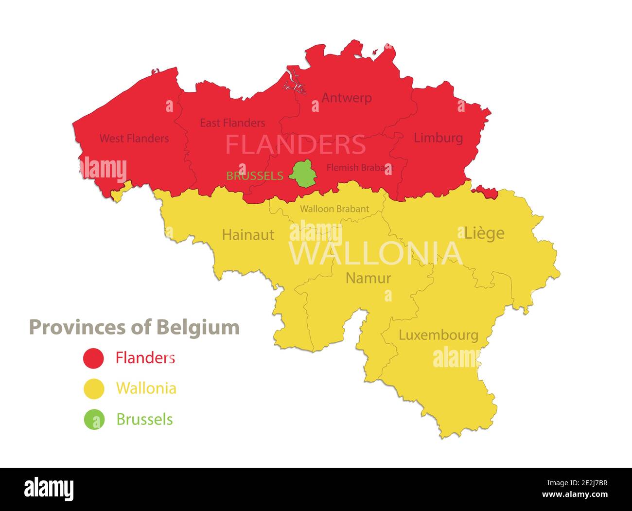 Mapa de Bélgica, regiones individuales con nombres, provincias de ...