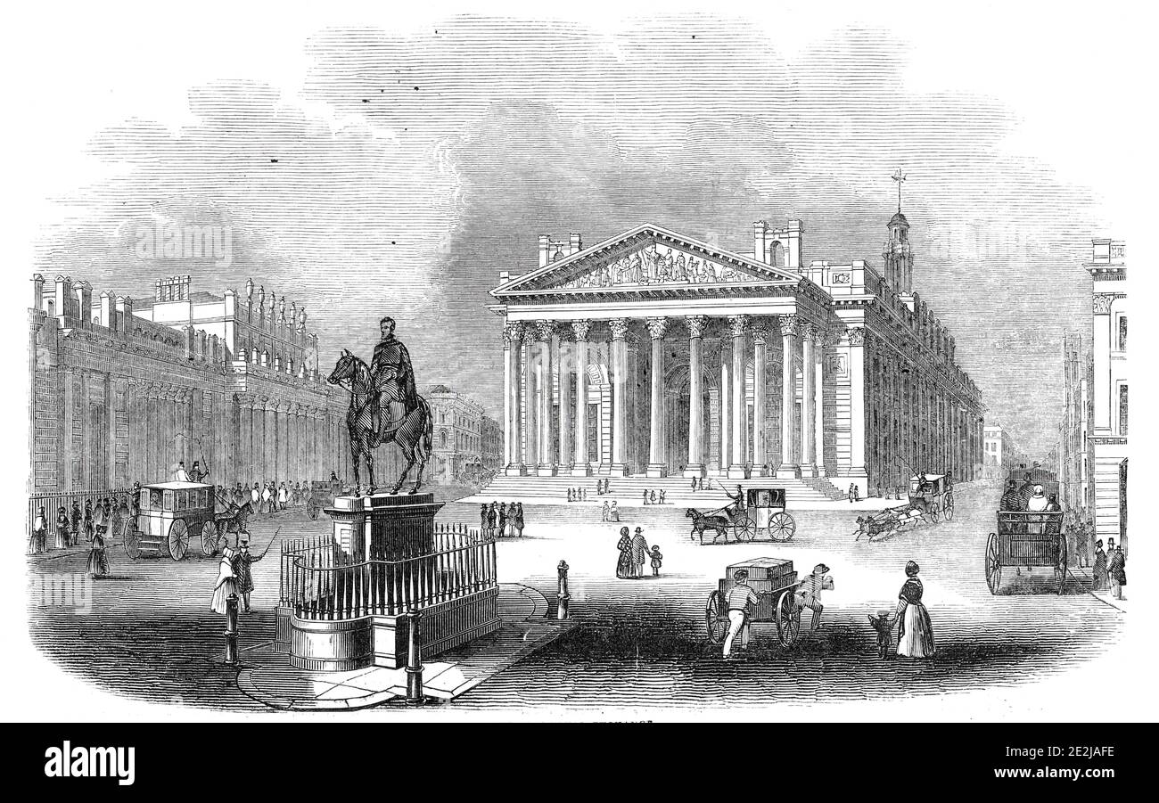 El nuevo Royal Exchange, 1844. Vista de la Bolsa Real y la estatua ecuestre del Duque de Wellington, en la ciudad de Londres. De "Noticias ilustradas de Londres", 1844, Vol V. Foto de stock