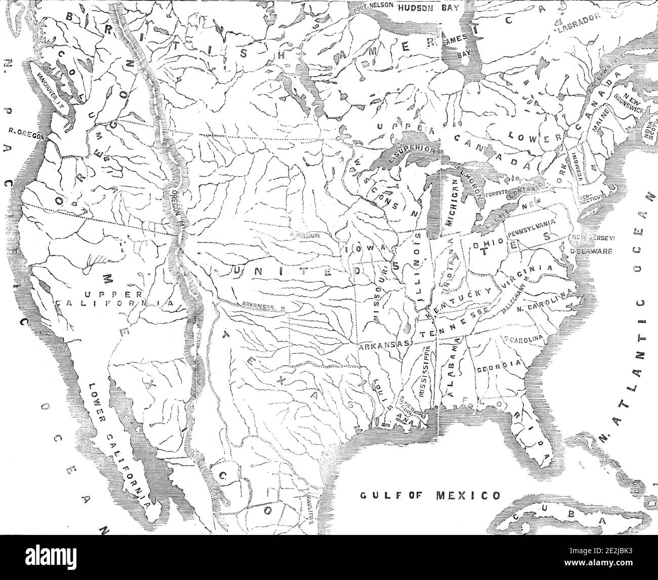 Mapa de América del Norte, mostrando las posiciones relativas de Texas y  Oregon con los Estados Unidos, 1845. 'It may...be requisito de unirse aquí  algunos detalles principales del Territorio de Oregón y