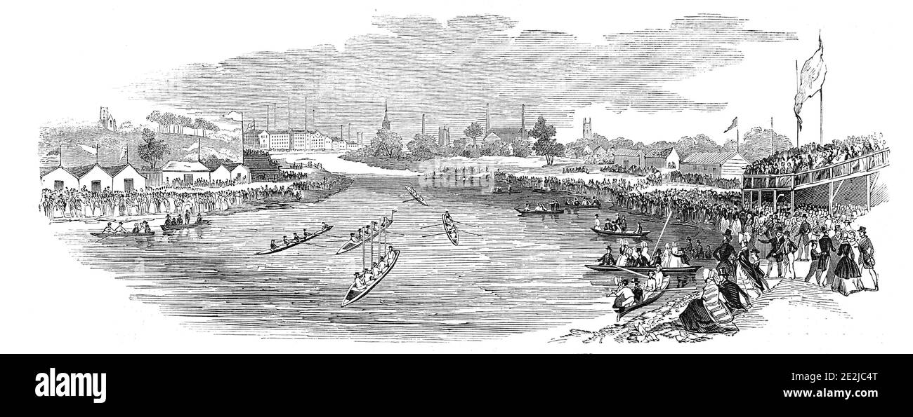 Manchester Regatta - de un bosquejo de Hayes, 1844. Carreras de barcos en el río Irwell. 'Los deportes de este día consistieron en cuatro carreras - el Stanhill Hall Stakes, para cuatro oar botes de placer, valor &#xa3;10, ganado por el Sr. Jones's Fearless; el Ordsall Stakes, para dos-oar barcos, ganado por el Sr. Beardsall's Mystery; Y la Copa Swinton Hall, Value &#xa3;16, ganada por el Sr. Walker's Sons of the Dee, un barco de Chester, por la mitad de longitud - el Britannia, un barco de Manchester, con una tripulación joven, luchó con manía por la Copa, y el honor de la ciudad. The Irwell Stakes of &#xa3;12, ganado por Mystery - Forester Second'. Foto de stock