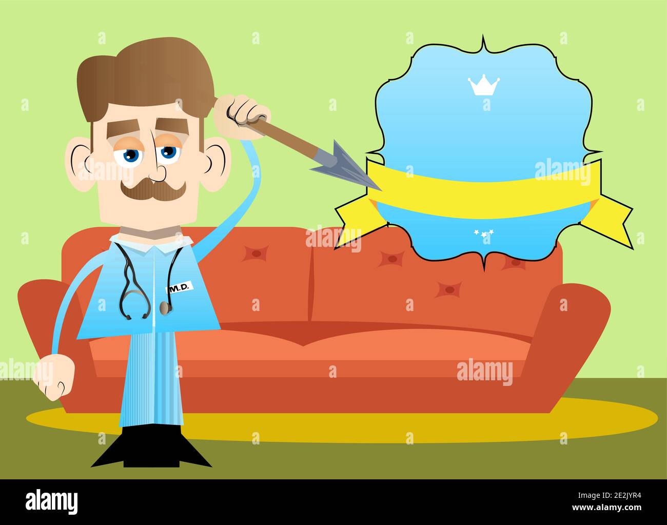 Divertido caricatura médico sosteniendo lanza en su mano. Ilustración