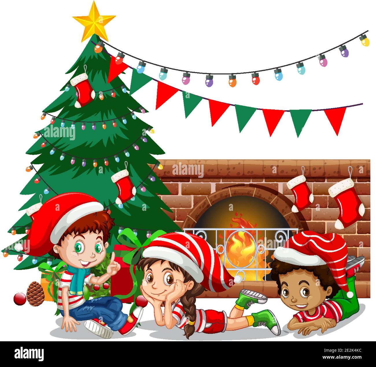 Los niños llevan traje de Navidad personaje de dibujos animados sobre fondo  blanco ilustración Imagen Vector de stock - Alamy