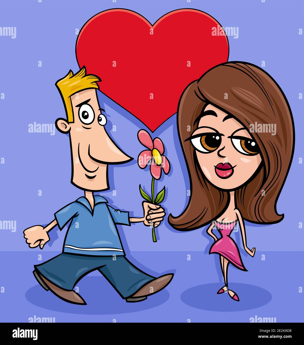 Día de San Valentín tarjeta de felicitación dibujos animados con la mujer y  el hombre pareja personajes enamorados Imagen Vector de stock - Alamy
