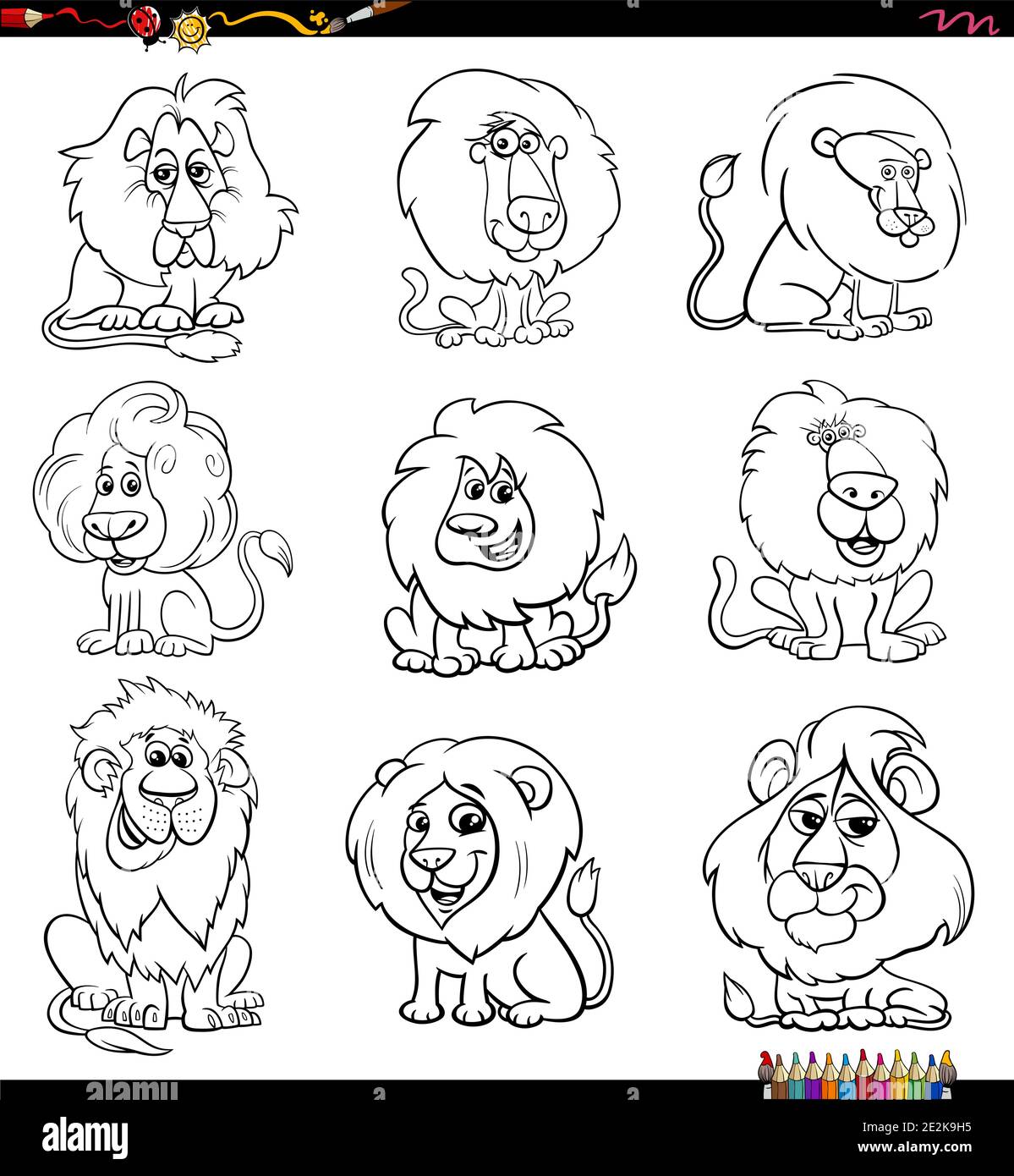 Dibujo de dibujos animados en blanco y negro de personajes de animales de cómic de leones establecer página de libro de colores Ilustración del Vector