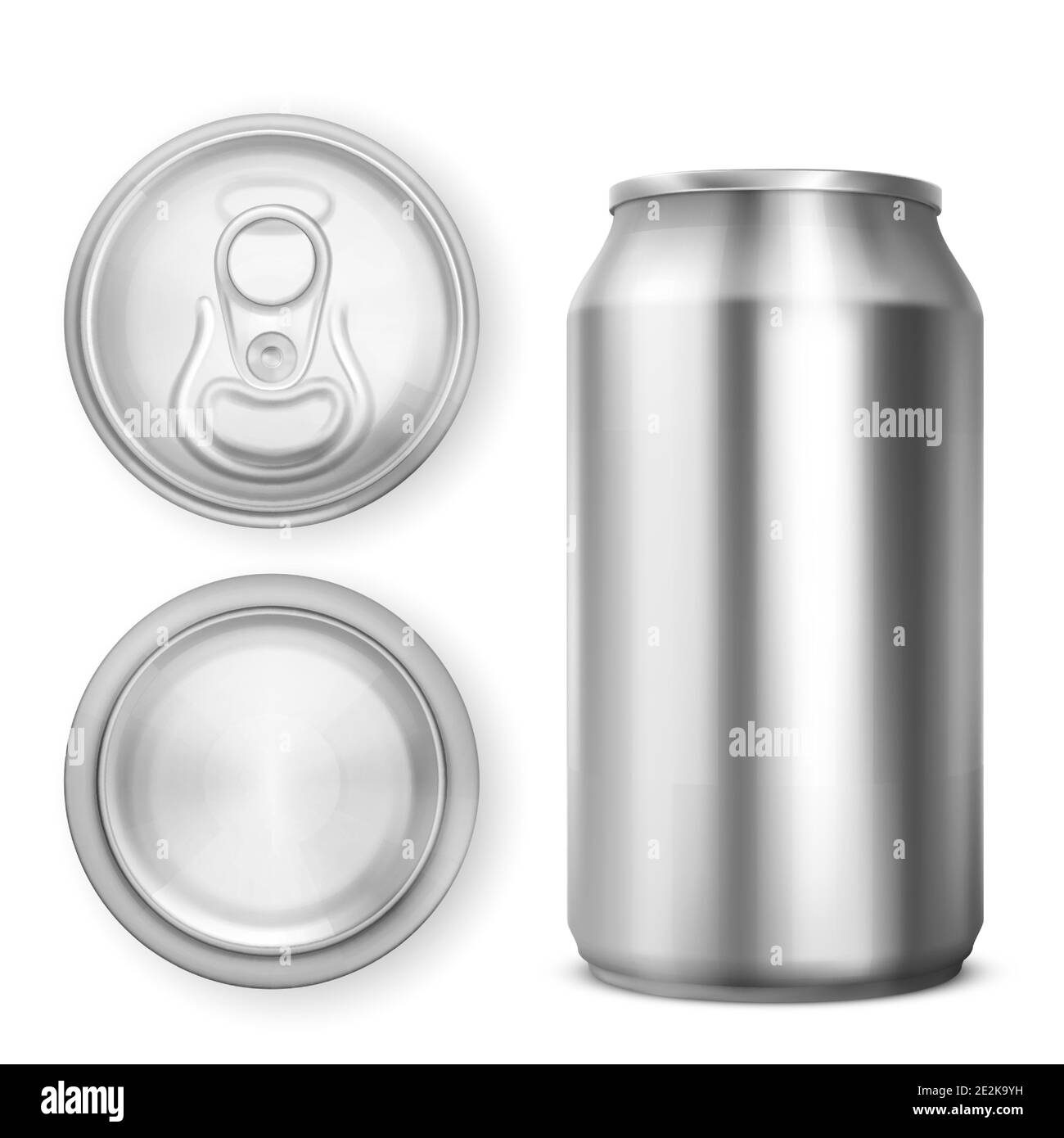 Lata de aluminio para refrescos o cerveza en la vista frontal, superior e inferior. Vector realista mascup de estaño metálico blanco puede con anillo tirar de la tapa