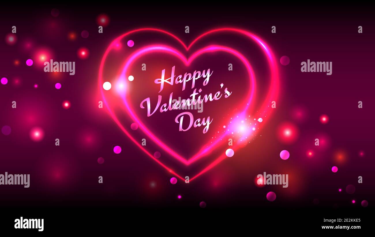 Tarjetas de felicitación vector día feliz de San Valentín, rojo brillante rosa neón corazón forma sobre fondo brillante oscuro Ilustración del Vector