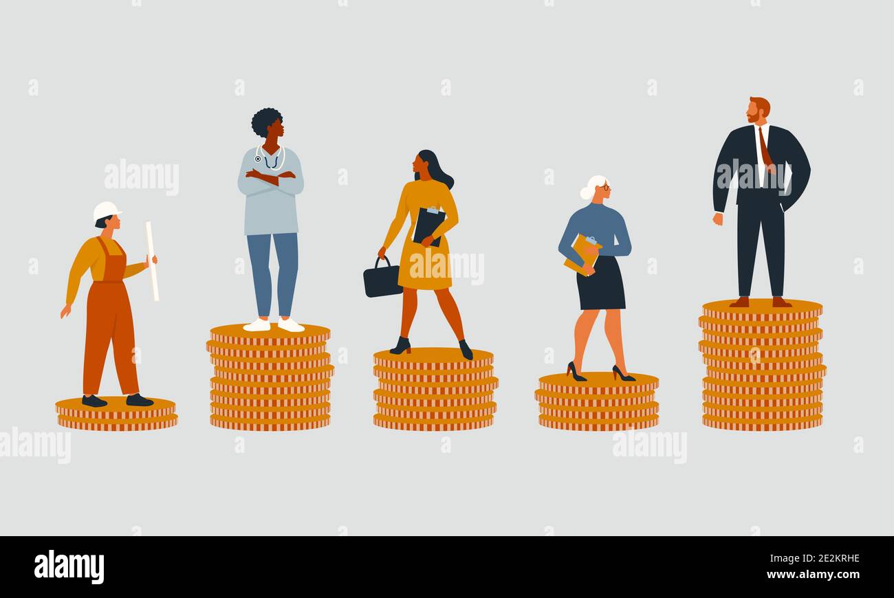 Las personas ricas y pobres con diferentes salarios, ingresos o crecimiento de la carrera oportunidades injustas. Concepto de desigualdad financiera o brecha en la ganancia. Vector plano Ilustración del Vector