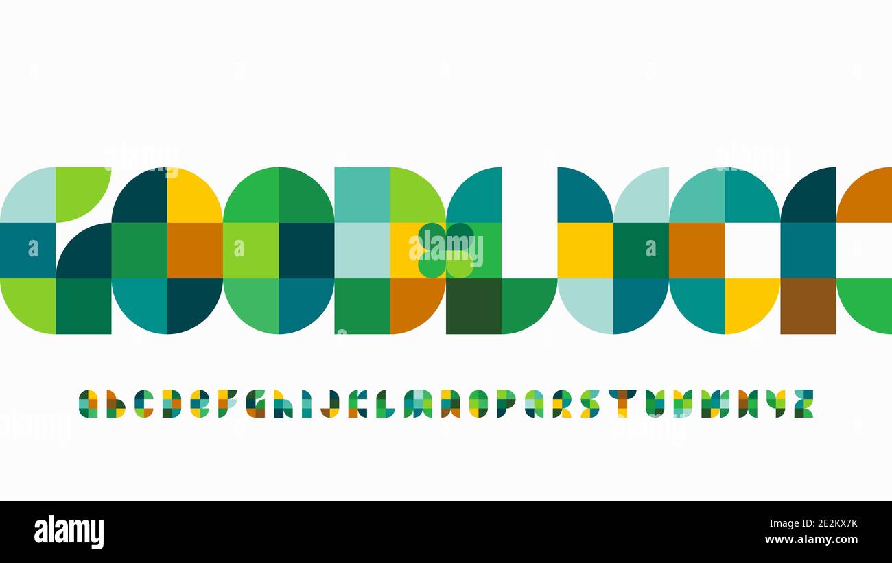 Ilustración vectorial de la buena frase de la suerte hecha de geometría abstracta bloques con hojas de trébol y letras del alfabeto de colores Ilustración del Vector