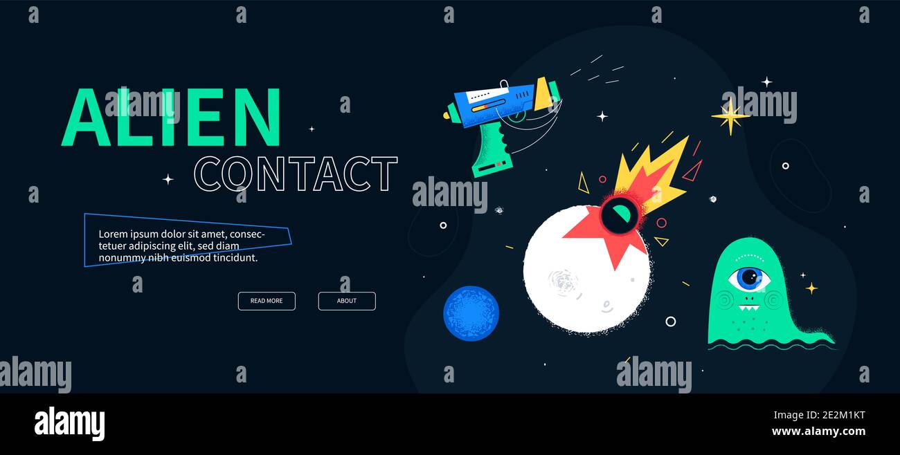 Alien contact - banner web de estilo de diseño plano y colorido con lugar para texto. Una ilustración con un blaster, el impacto, la criatura y el planeta Neptuno. Infini Ilustración del Vector