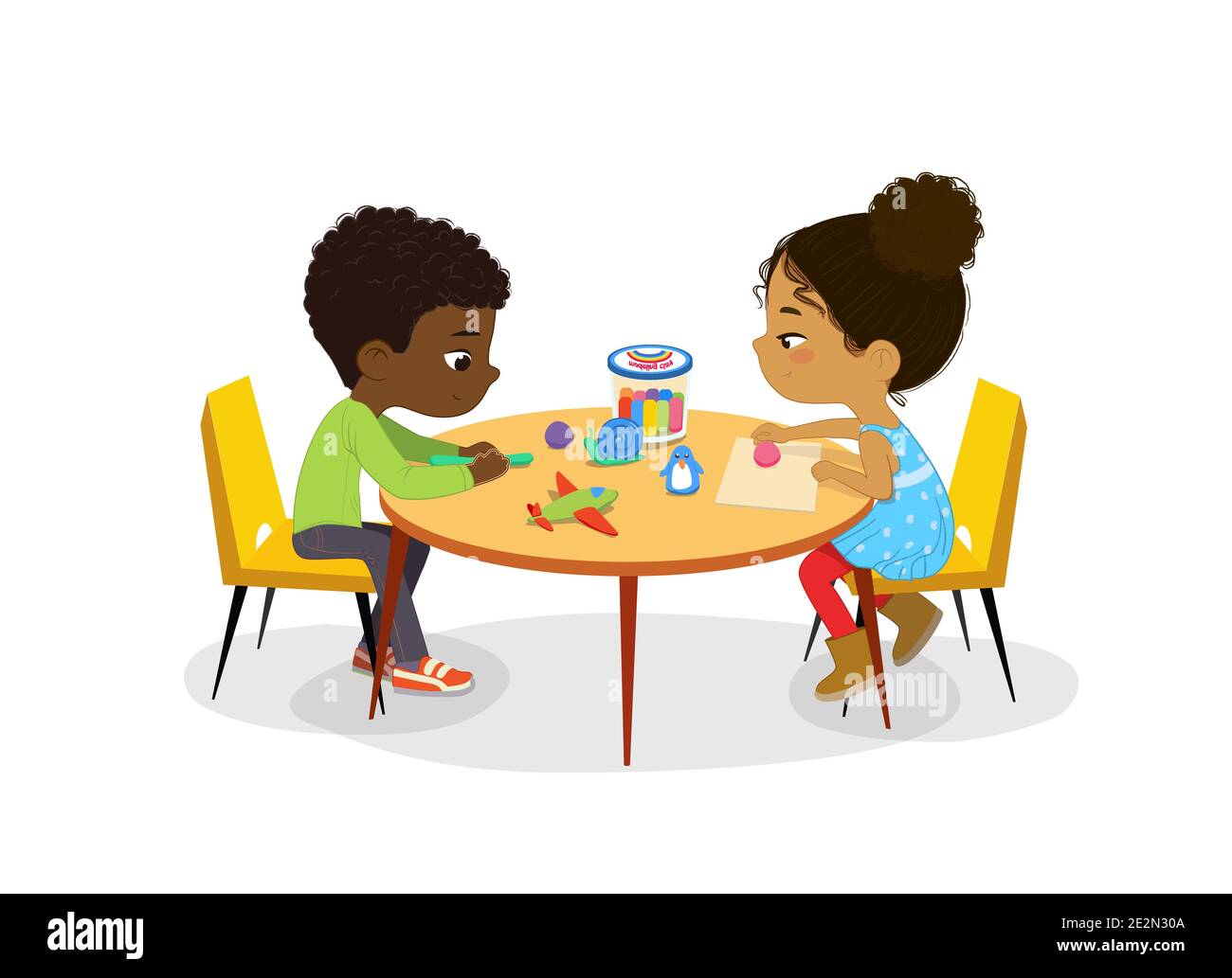 African American Boy and Girl Siéntate en la mesa redonda y esculpe figuras de arcilla. Desarrollo de habilidades motoras finas. Actividad escultórica en la clase de arte. Publicar Ilustración del Vector