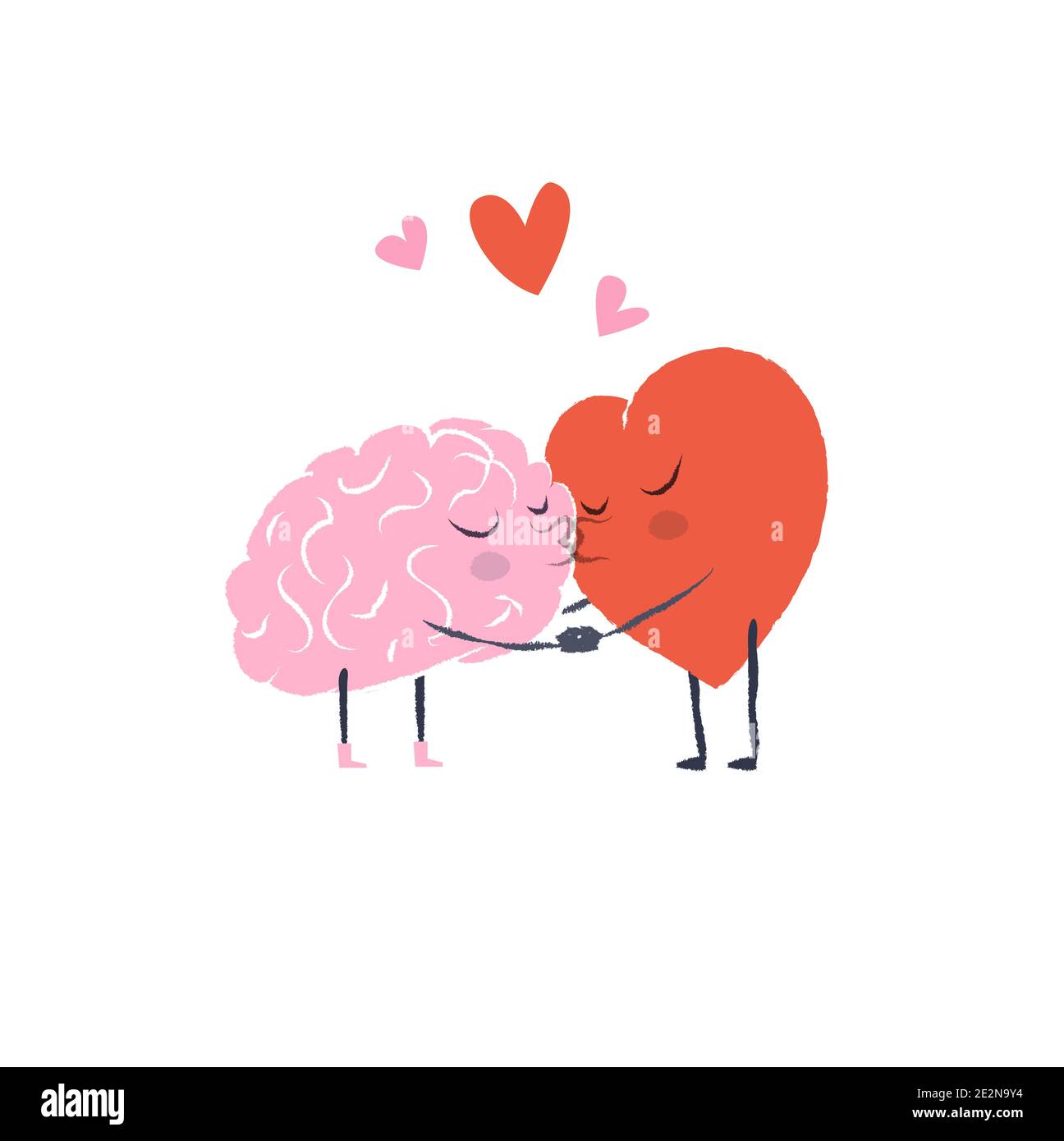 Ilustración de dibujos animados del corazón y el cerebro. El corazón y el  cerebro están enamorados. Mantén las manos y bese unos a otros. Feliz día  de San Valentín Imagen Vector de