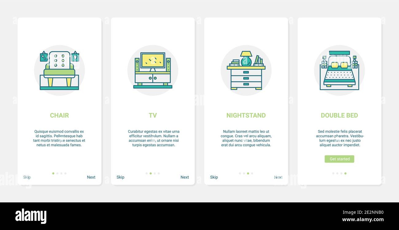 Hogar decoración acogedora para el dormitorio, mobiliario de habitación  vector ilustración. UX, UI onboarding mobile app page pantalla con  mobiliario de línea decoración interior colección, silla TV mesita de noche  cama doble