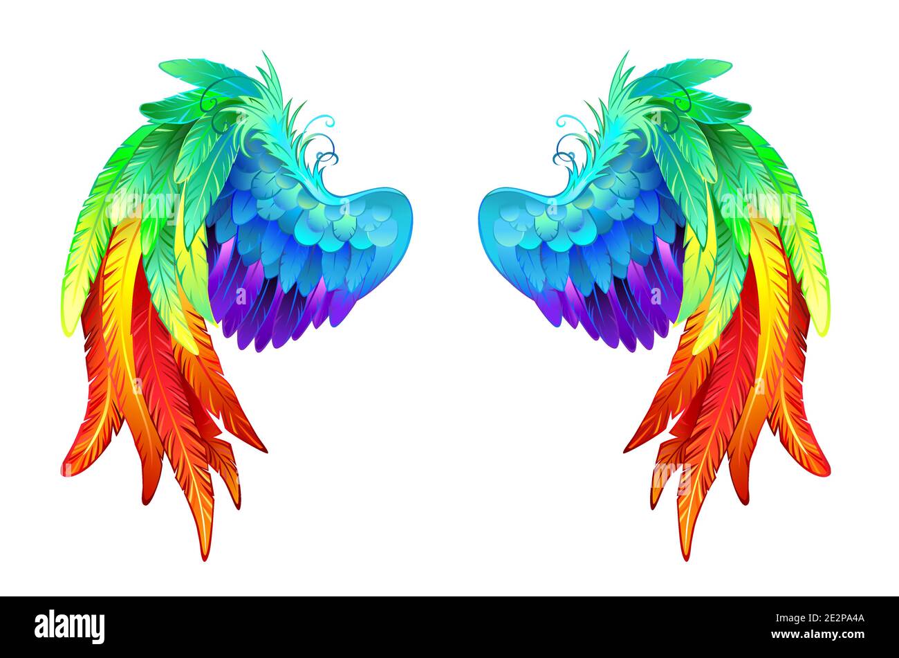 Artísticamente dibujado brillante, detalladas alas arco iris sobre fondo blanco. Ilustración del Vector