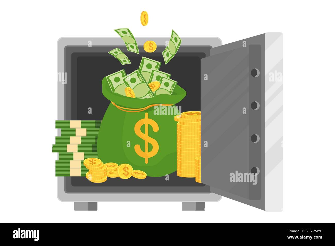 Abra la caja fuerte del banco con la bolsa de dinero. Ilustración de dibujos  animados de vector plano Imagen Vector de stock - Alamy