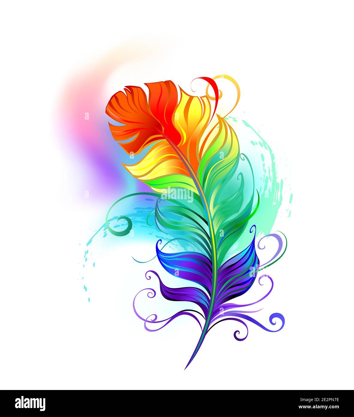 Artísticamente dibujado, pluma de arco iris vibrante sobre fondo blanco de  colores brillantes. Diseño de plumas.estilo boho Imagen Vector de stock -  Alamy
