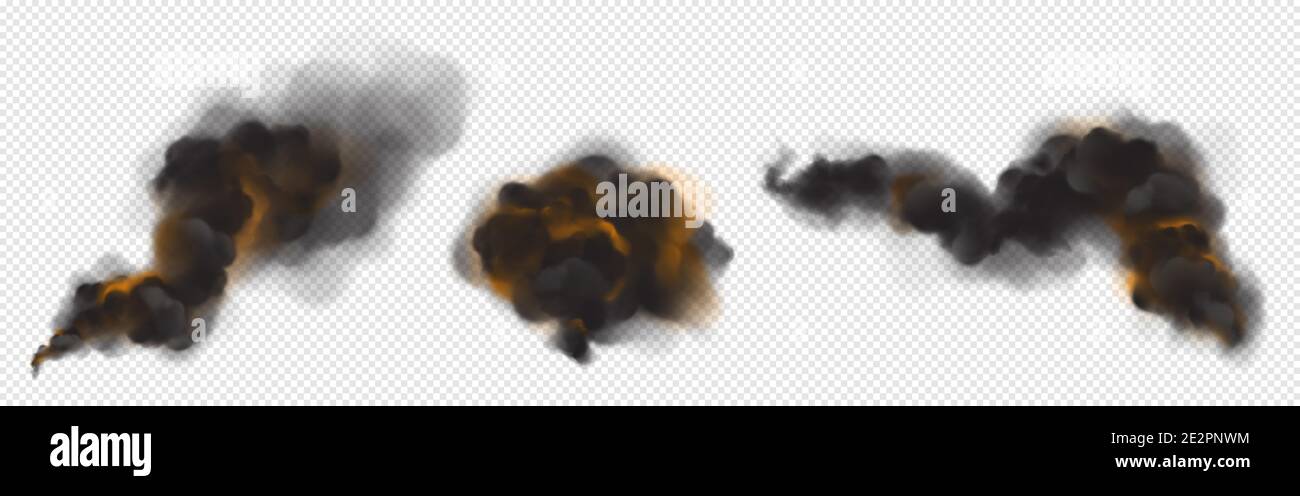 Nubes de humo negro con retroiluminación naranja del fuego. Vector conjunto realista de flujos de niebla oscura, humo caliente de llama ardiente, humo ardiente aislado sobre fondo transparente Ilustración del Vector