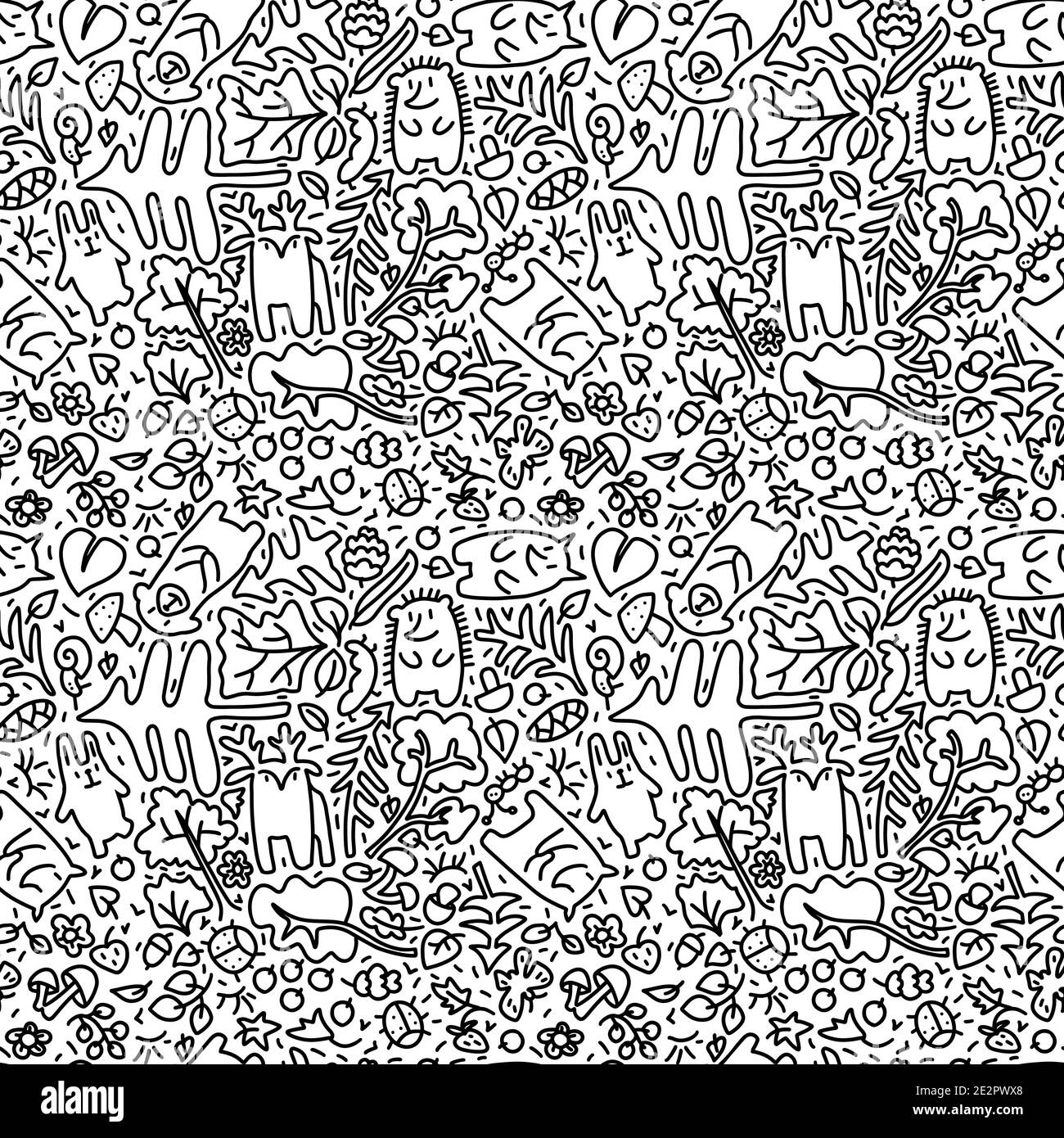 Bosque de Doodle patrón sin costuras con animales y plantas. Impresión textil, envoltura, fondos de fondos dibujo a mano dibujo vector ilustración Ilustración del Vector