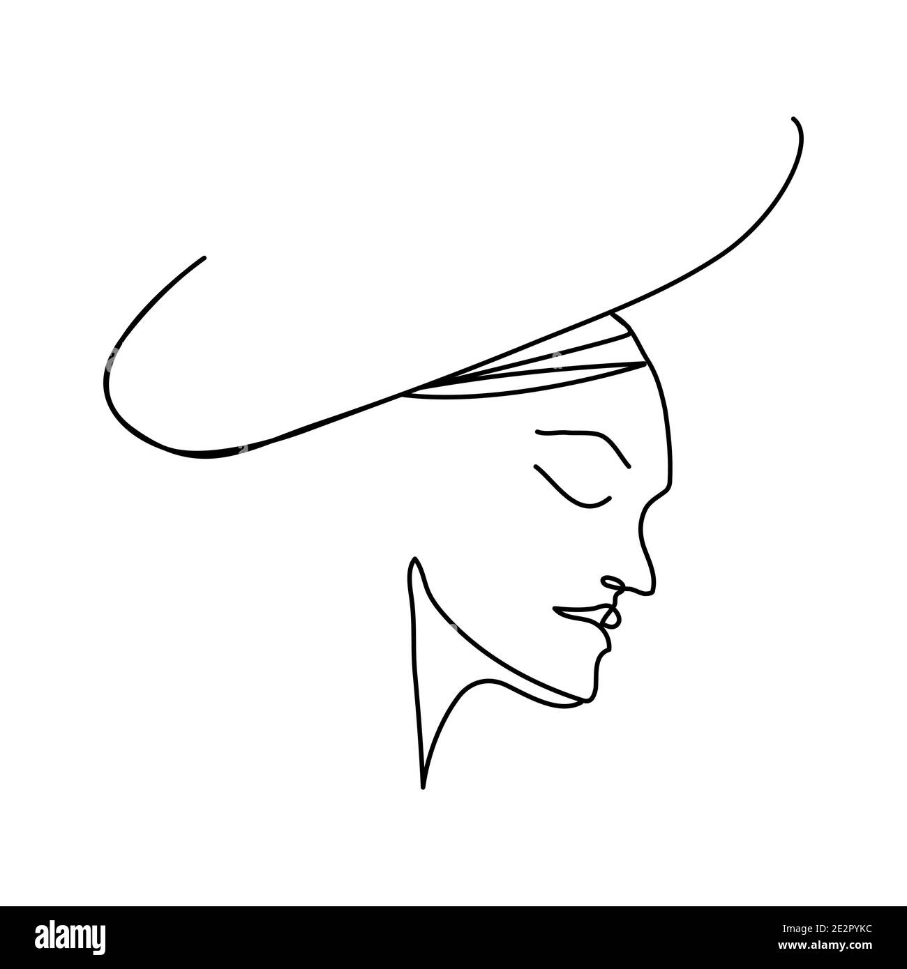Arte lineal de una cara femenina con un tocado. Concepto de moda, minimalismo de la belleza femenina. Ilustración vectorial Ilustración del Vector