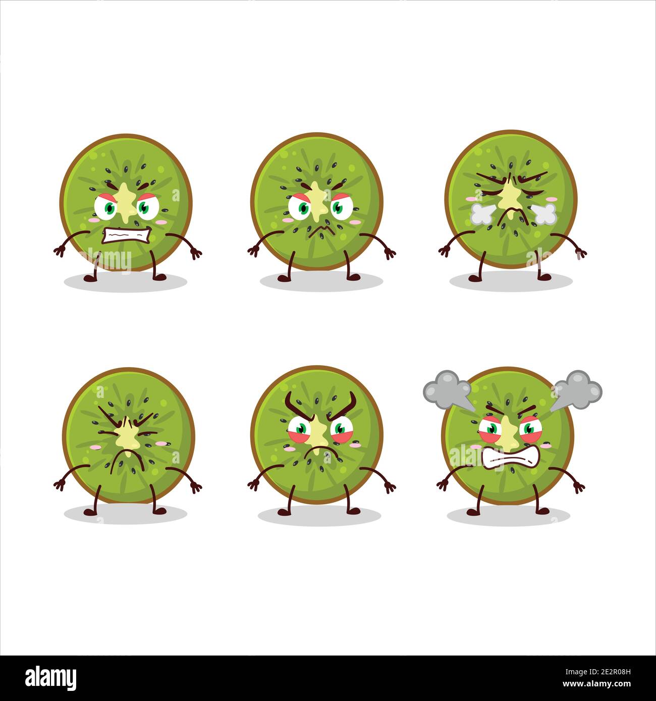 Un trozo de personaje de dibujos animados kiwi con varias expresiones de enojo. Ilustración vectorial Ilustración del Vector
