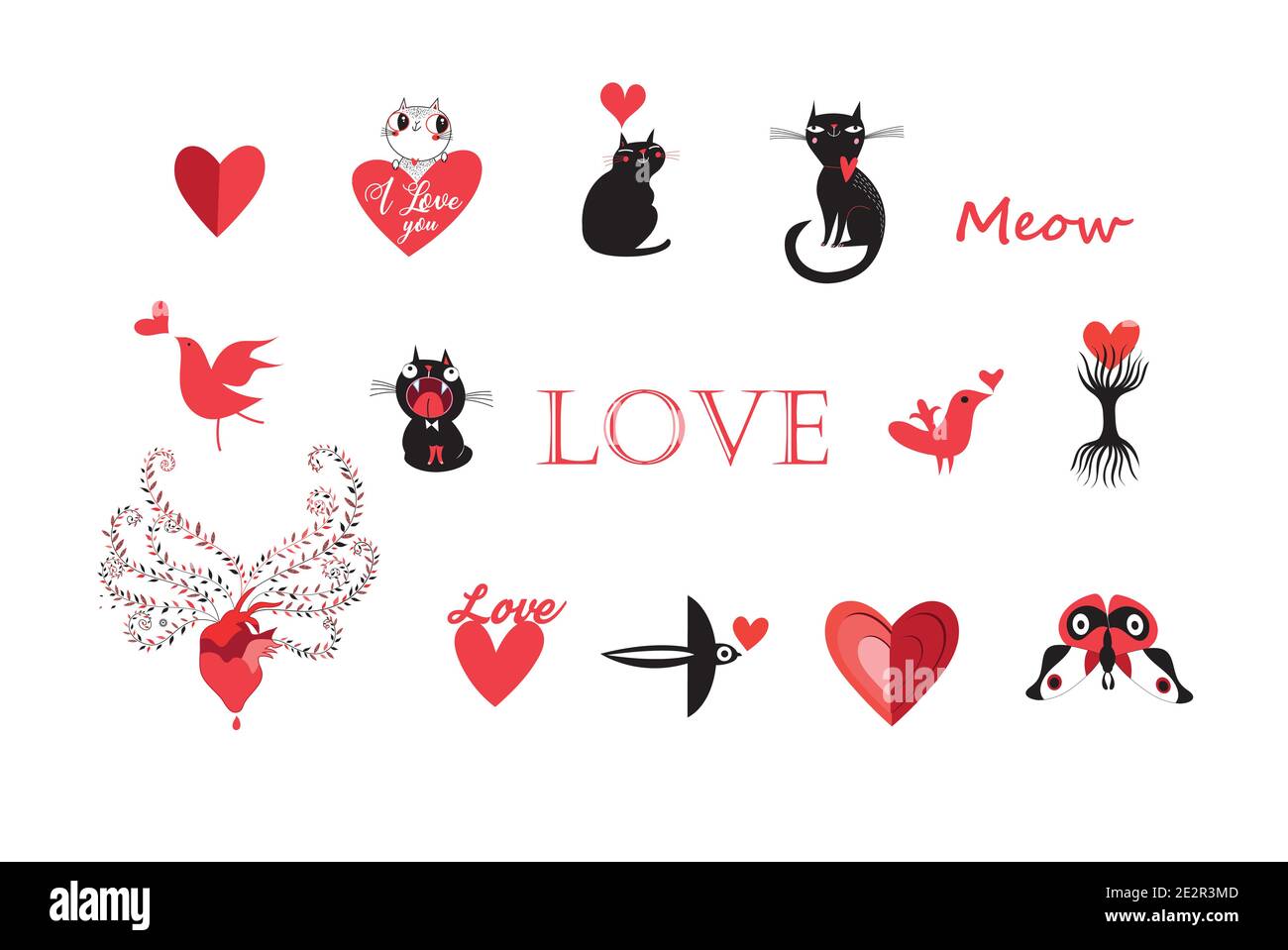 Vector conjunto de animales y objetos iconos para el día de San Valentín. Ejemplo de los iconos de San Valentín para el día de fiesta Ilustración del Vector