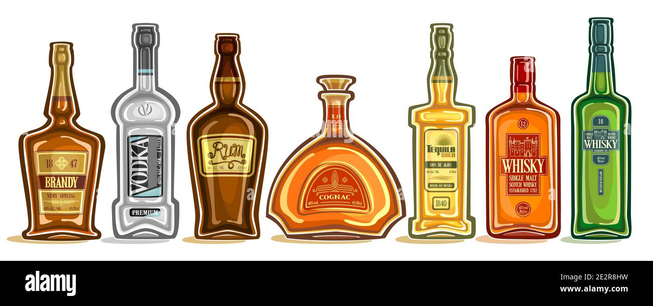 Juego vectorial de botellas de alcohol, grupo de ilustraciones cortadas de  bebidas de alcohol duro en botellas con etiquetas decorativas, lote de  colección de licor de dibujos animados Imagen Vector de stock -