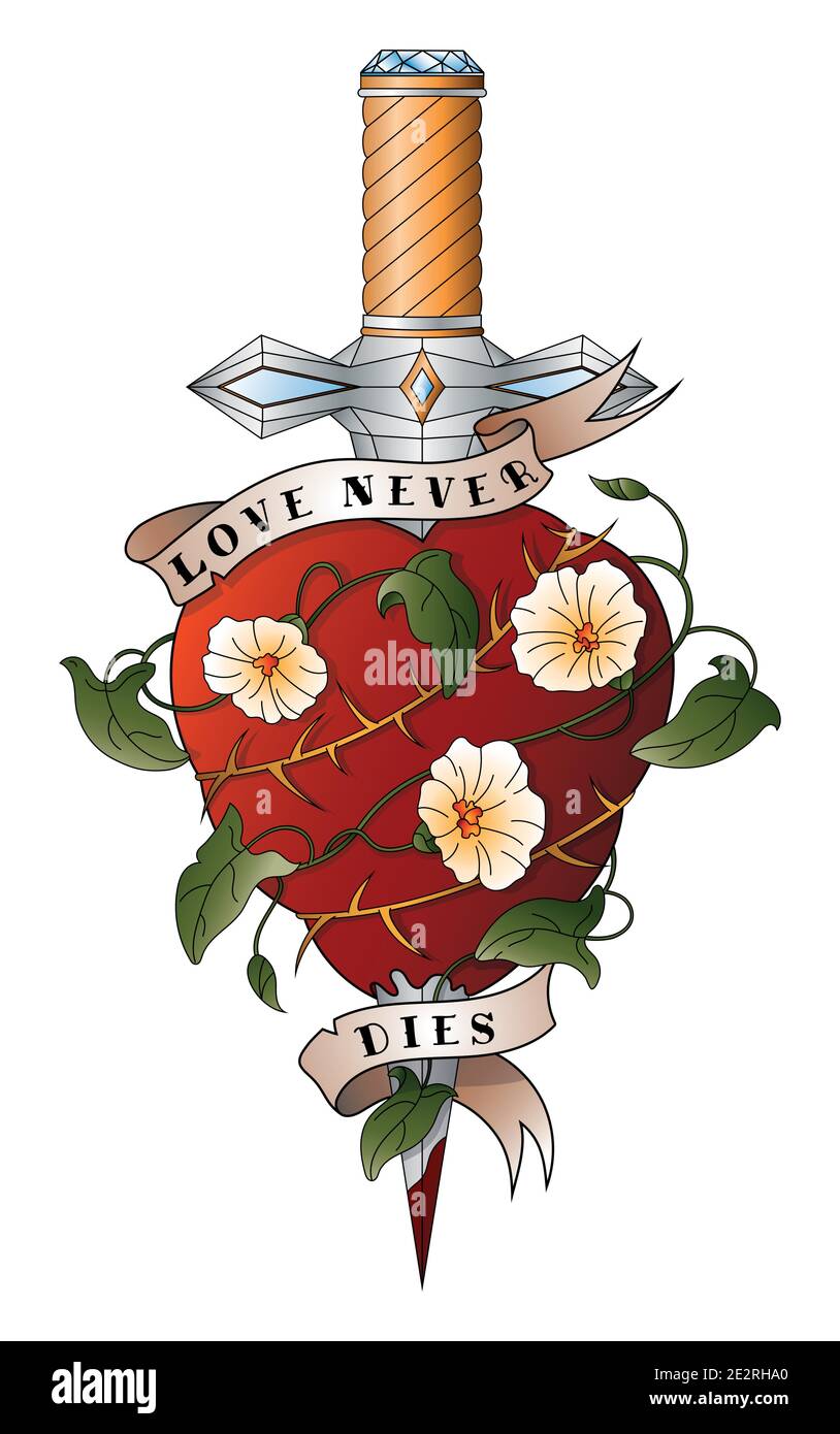 Tatuaje de corazón con daga, espina, flores, cinta. El amor nunca muere  Imagen Vector de stock - Alamy