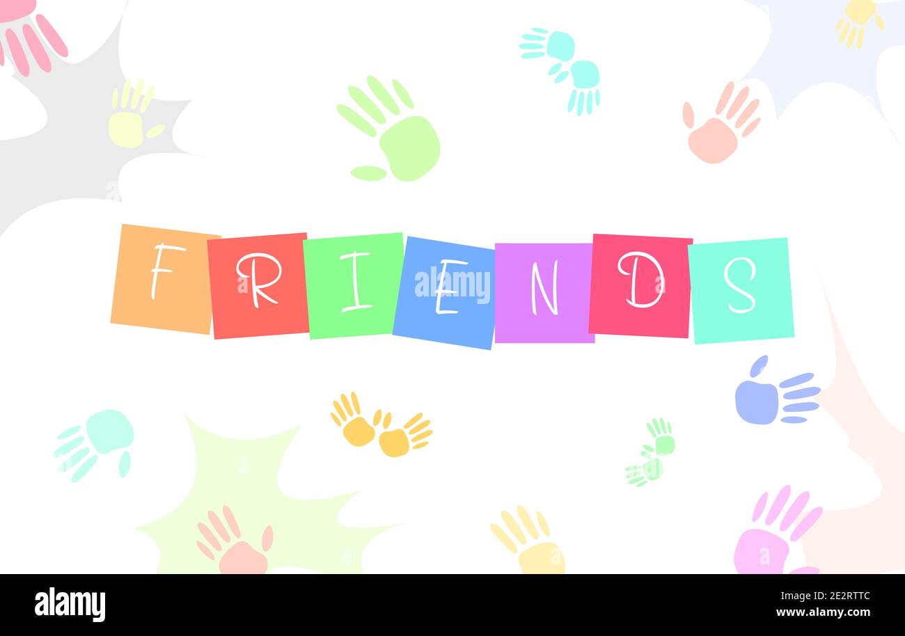 Feliz día de la Amistad fondo con chicos y chicas lindos ilustración y  texto colorido Amigos Imagen Vector de stock - Alamy