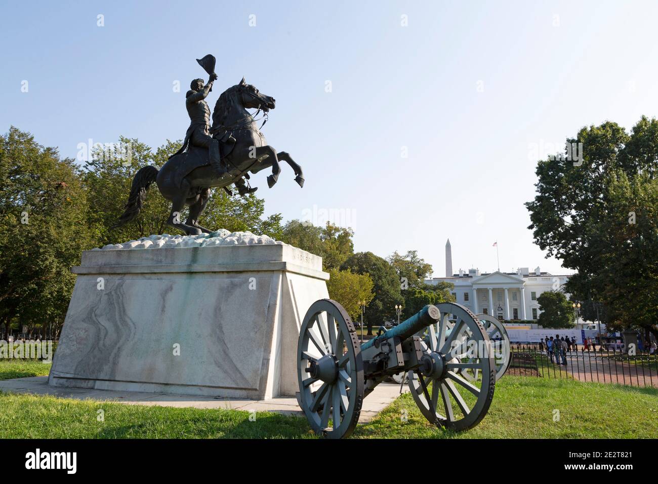 Estatua del Presidente Andrew Jackson en la Plaza Lafayette fuera de la Casa Blanca en Washington DC, EE.UU. Foto de stock