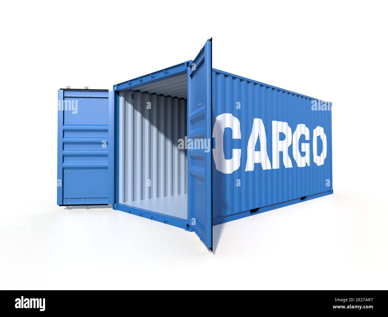 Buque contenedor vacío con la palabra carga en el lateral, con puertas  abiertas, aislado sobre fondo blanco. Ilustración 3D Fotografía de stock -  Alamy