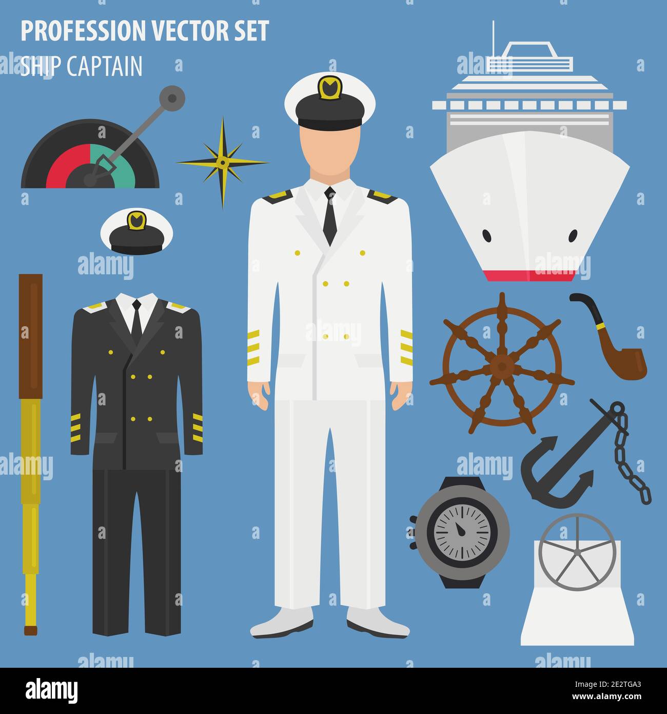 Profesión y ocupación. Traje y equipo de capitán de barco. Icono de diseño  plano uniforme. Ilustración vectorial Imagen Vector de stock - Alamy