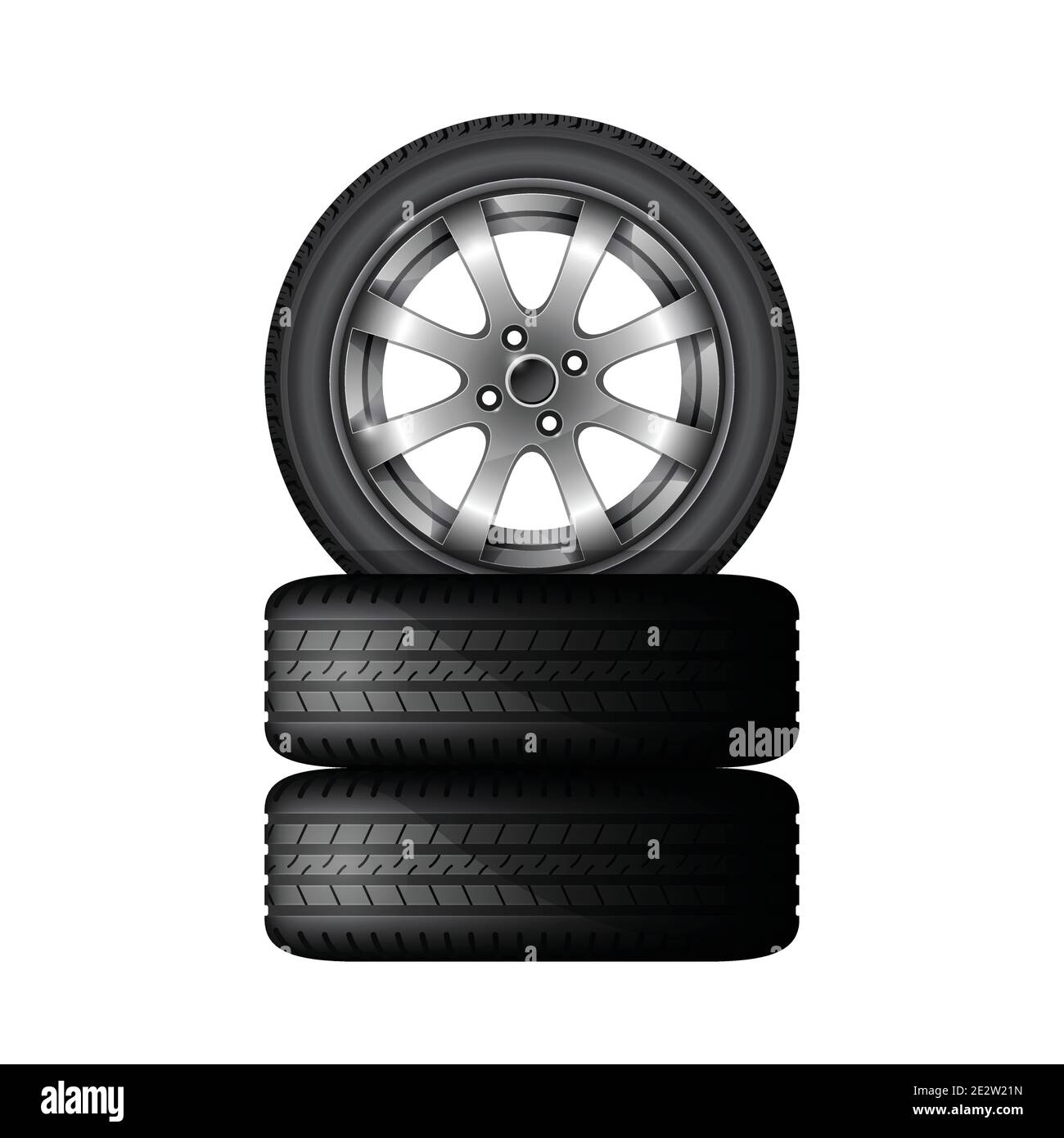 Pila de neumáticos de coche con llanta de aluminio, servicio de ajuste de  neumáticos y cartel publicitario de venta, vector Imagen Vector de stock -  Alamy