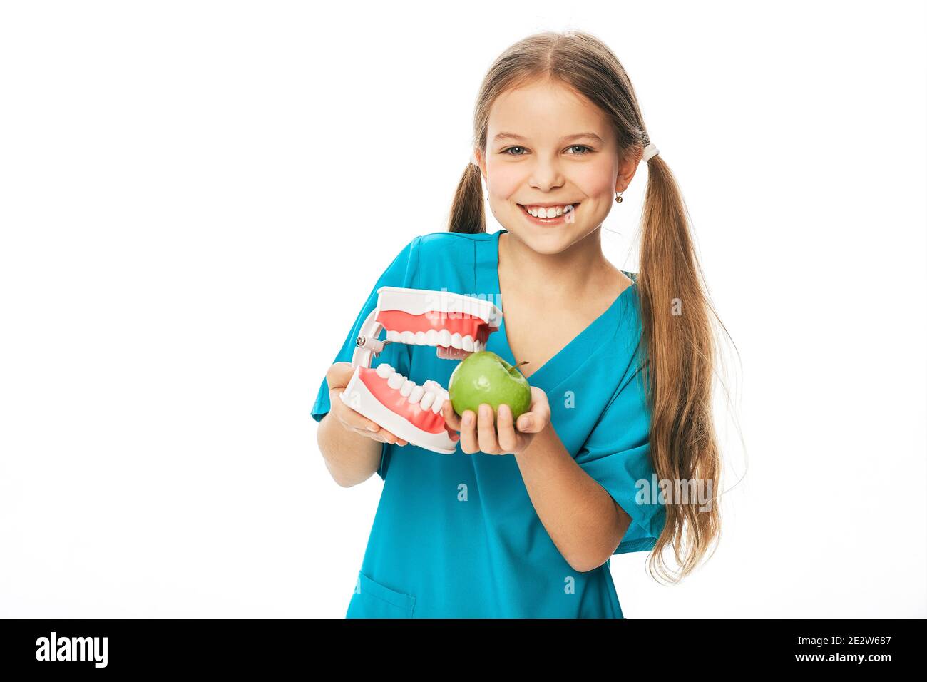 Niño con una sonrisa de tonto, sosteniendo un modelo anatómico de dientes y manzana en sus manos. Las frutas son muy saludables para los dientes de los niños Foto de stock