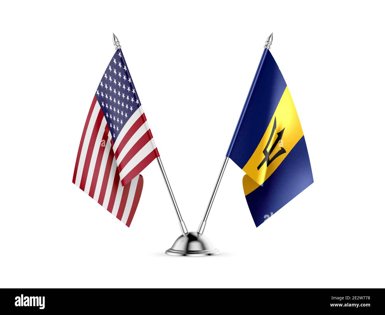 Banderas de escritorio, Estados Unidos y Barbados, aislado sobre fondo blanco. Imagen 3D Foto de stock