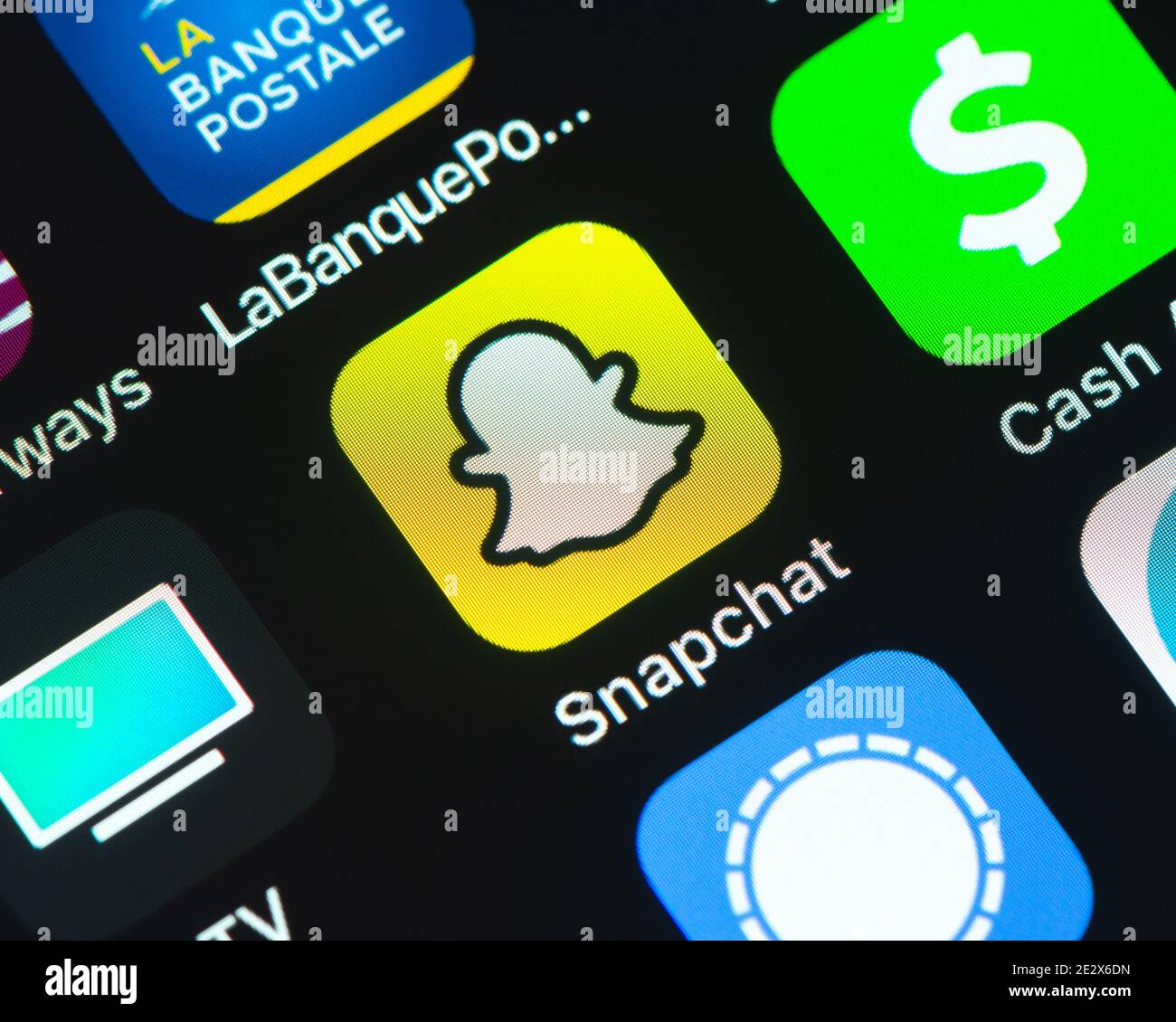 Icono de la aplicación Snapchat en la pantalla del iPhone de Apple Foto de stock