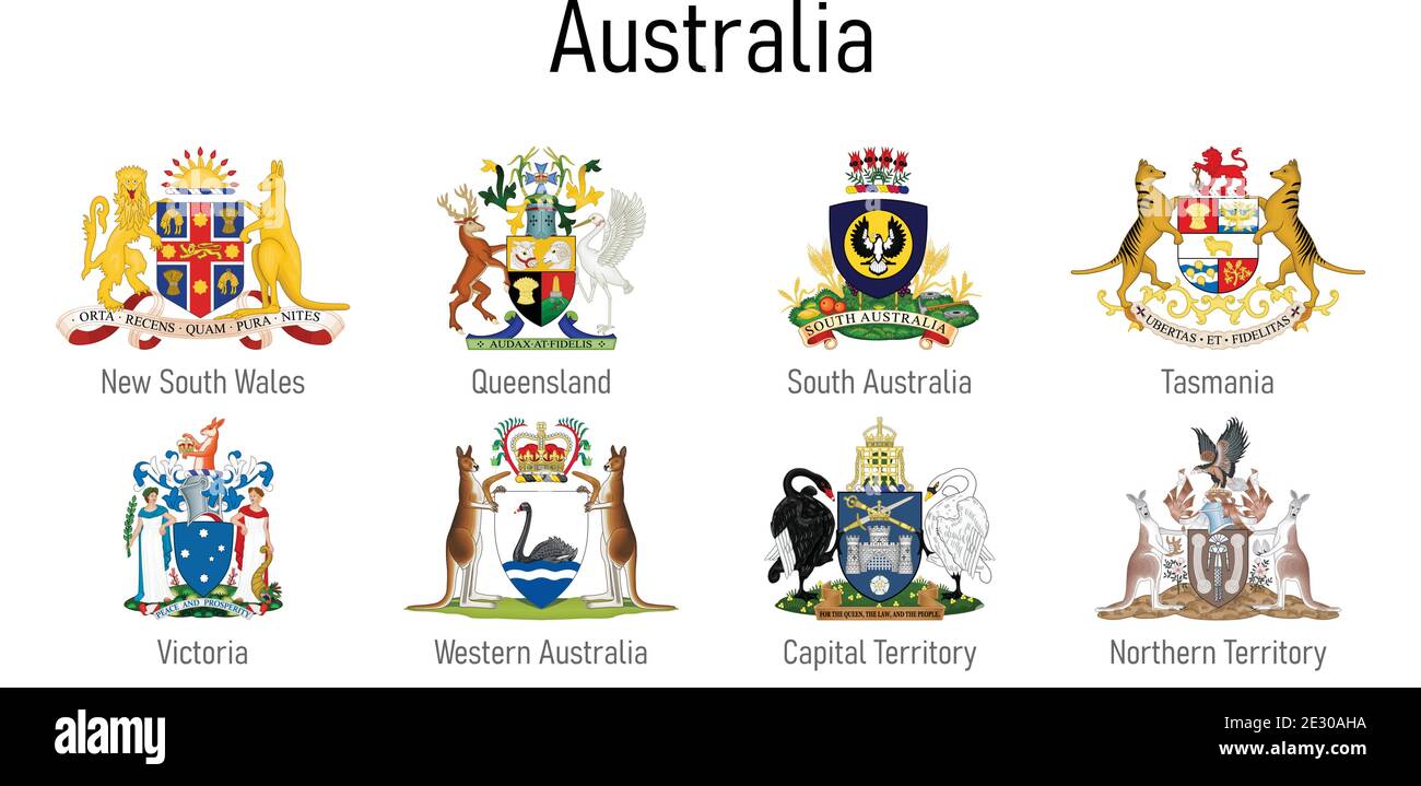 Escudo de armas del estado de Australia, todas las regiones australianas colección de emblemas Ilustración del Vector