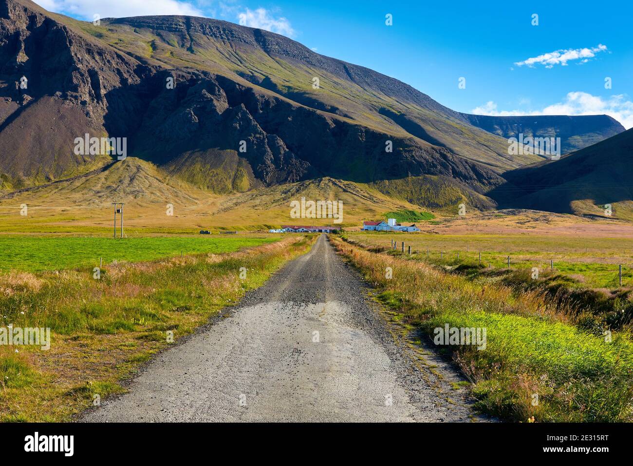 Camino que conduce a una granja islandesa en un soleado día de verano, la campiña islandesa Foto de stock